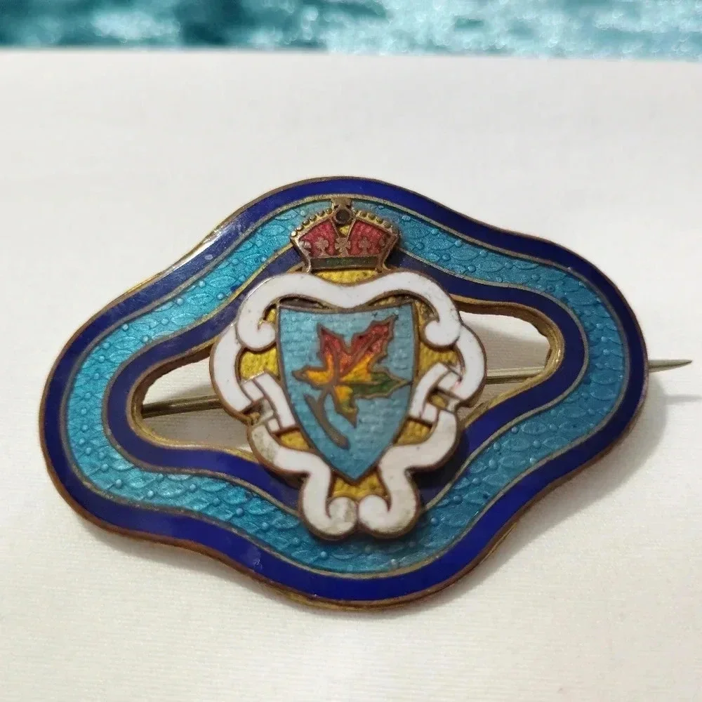 Antique Brooch Guilloche Enamel Canada Maple Leaf Shield Crest Long Arm Pin